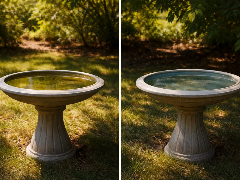 Two bird baths side-by-side: shaded one stays clear while the sunny one shows green algae.