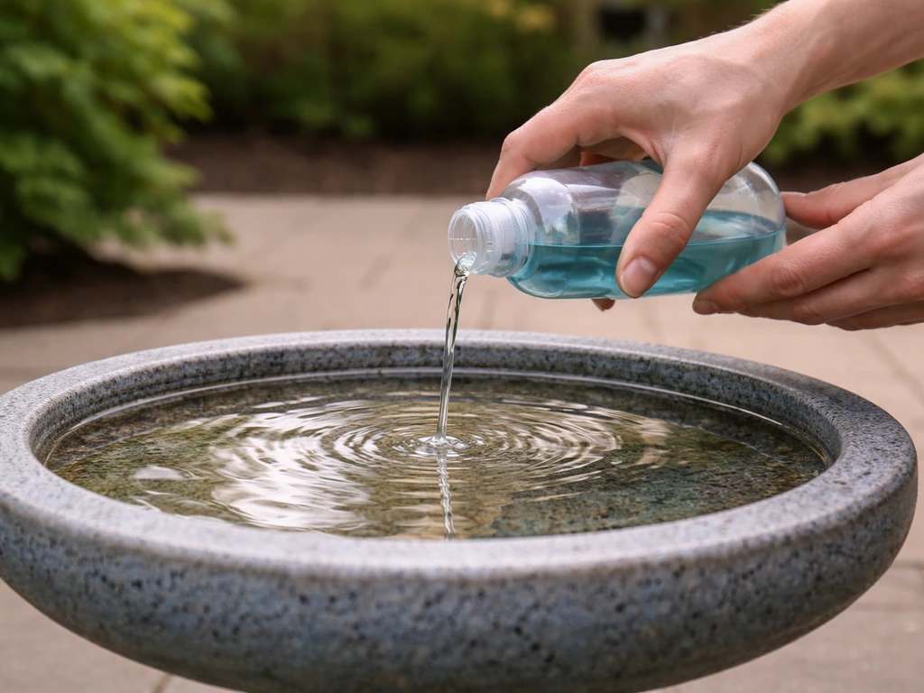 Hands pouring bird-bath algaecide from a small bottle into a clean outdoor bird bath.