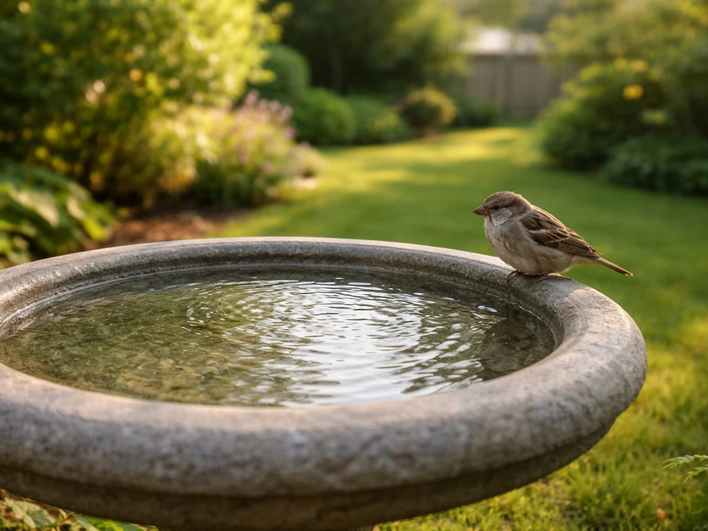 Sparrow perched on a stone bird bath with rippling water in a quiet backyard garden.