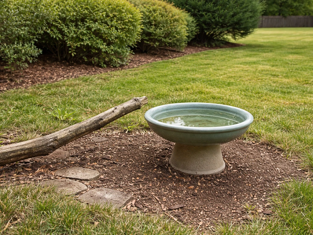 Backyard bird bath in an open area with a nearby branch perch and clear visibility for safety