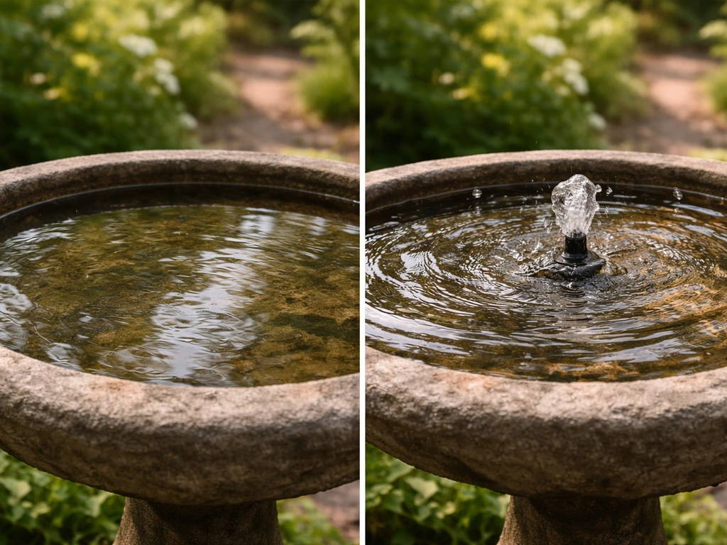 Close-up of a bird bath showing still water on one side and lightly moving ripples on the other.