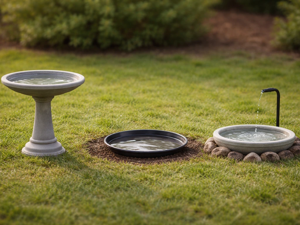 Three backyard bird bath setups side-by-side: pedestal, flat pan, and mister/dripper with visible water droplets.