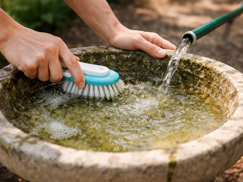 Person scrubbing a bird bath bowl and rinsing it clean, fresh water ready for birds