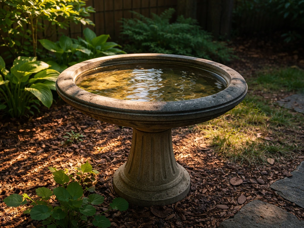 Bird bath with morning sunbeams and afternoon shade creating a clear light-and-shadow pattern.