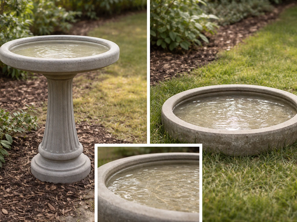 Two anonymous bird baths: pedestal at safe off-ground height and ground-level with clearly shallow water.