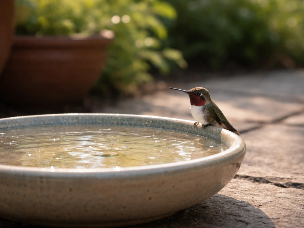 Hummingbird perched by an extremely shallow bird bath with tiny water droplets in bright natural light.