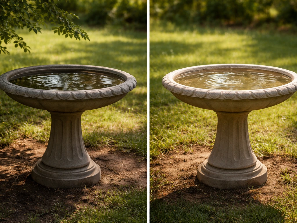 Bird bath partially shaded beside a bird bath in full sun, showing light and heat differences.
