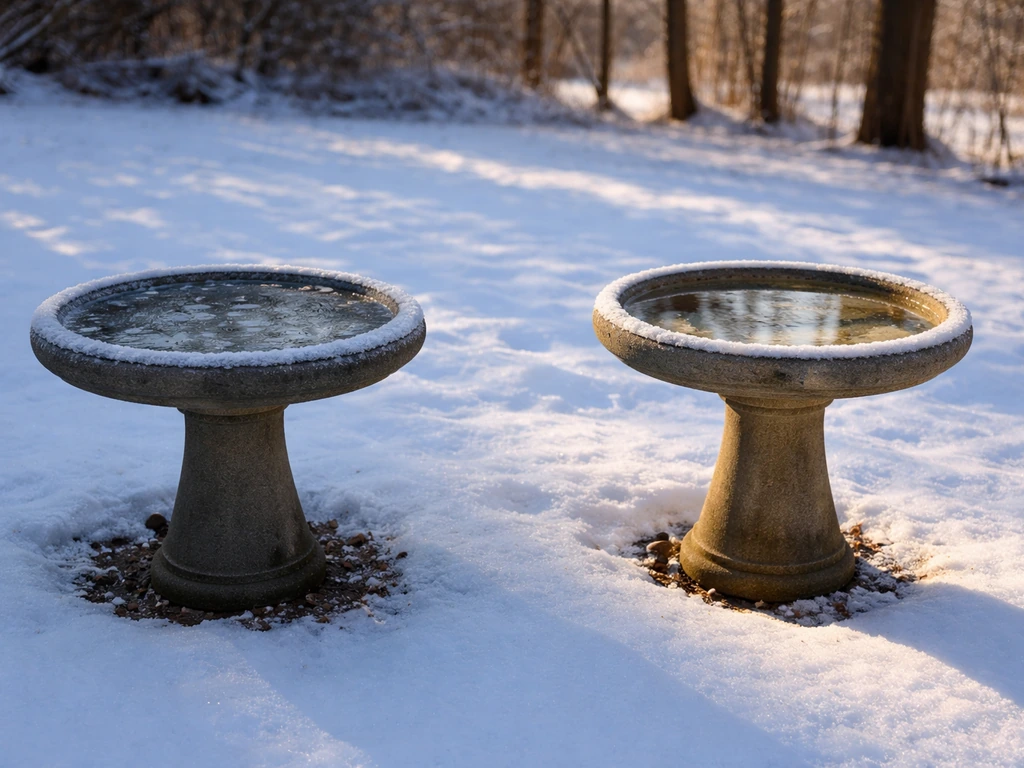 Winter yard with two bird baths—one in deep shade with ice, one in sun with less freezing.
