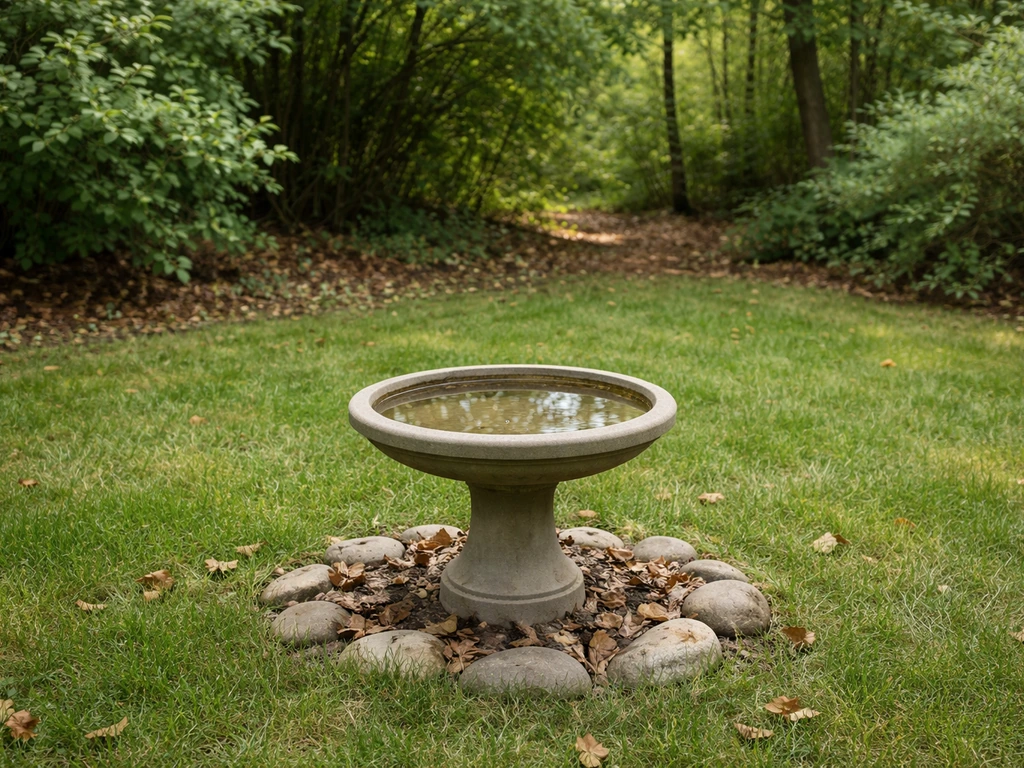 Backyard bird bath near shrubs and small trees, showing escape cover and open sightlines.