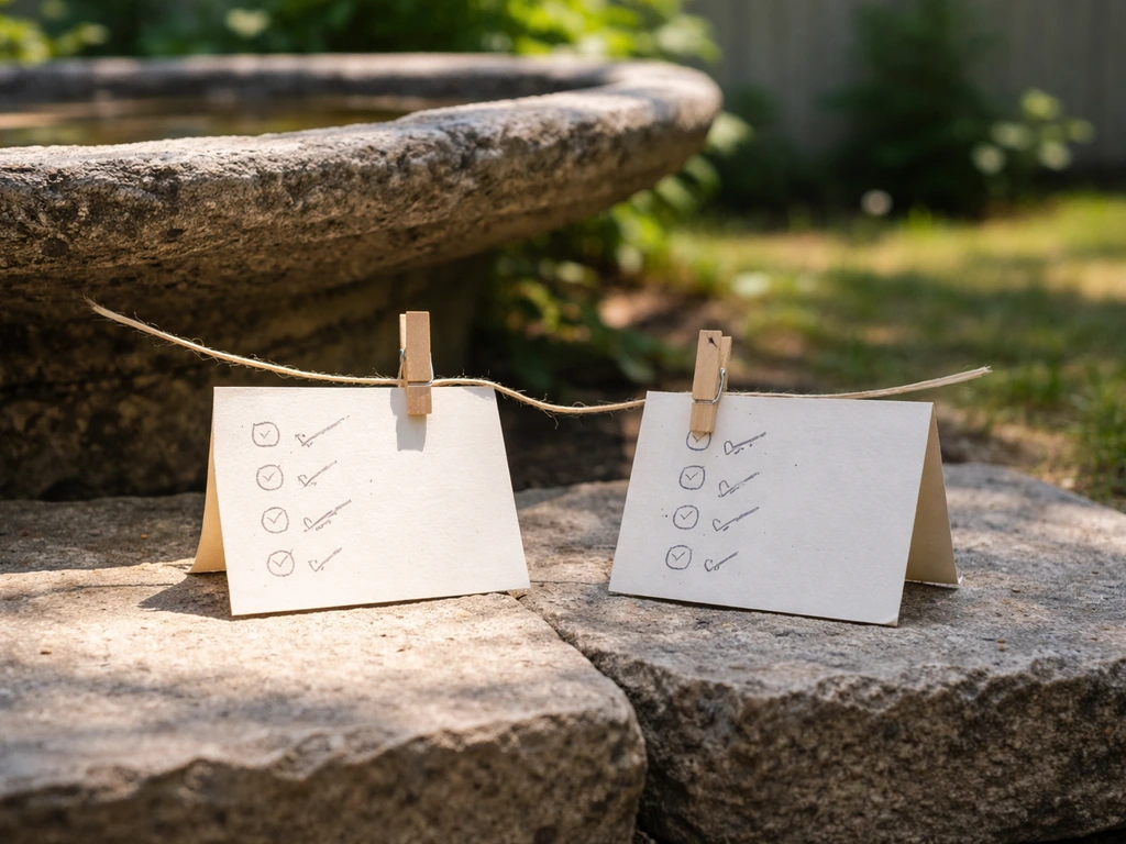 Sunlit and shaded bird bath with two unlabeled check-card notes suggesting different cleaning intervals.