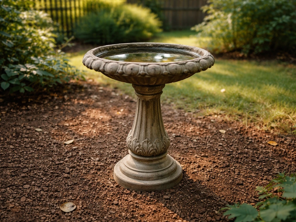 Restored bird bath pedestal outdoors with a clean basin filled with fresh water, renewed and weathered-free.