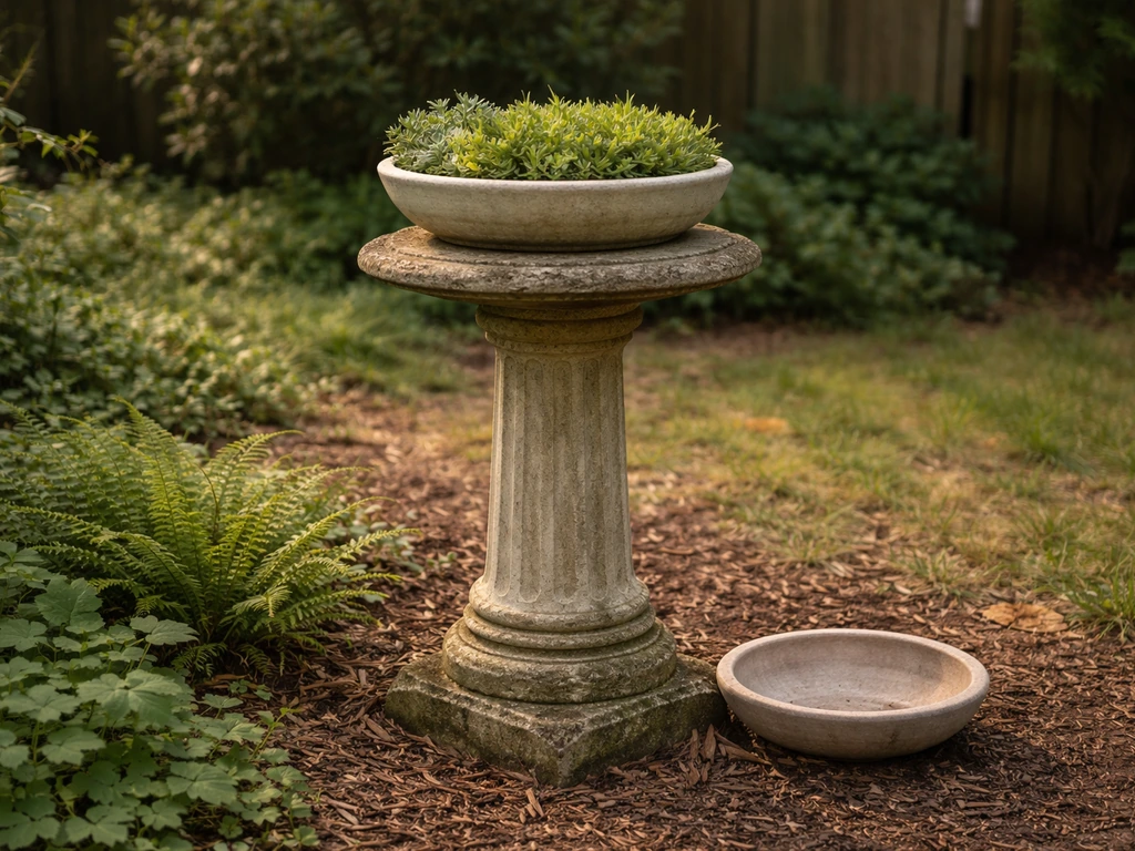 Repurposed bird bath pedestal with a shallow planter bowl in a garden, showing quick reuse options.