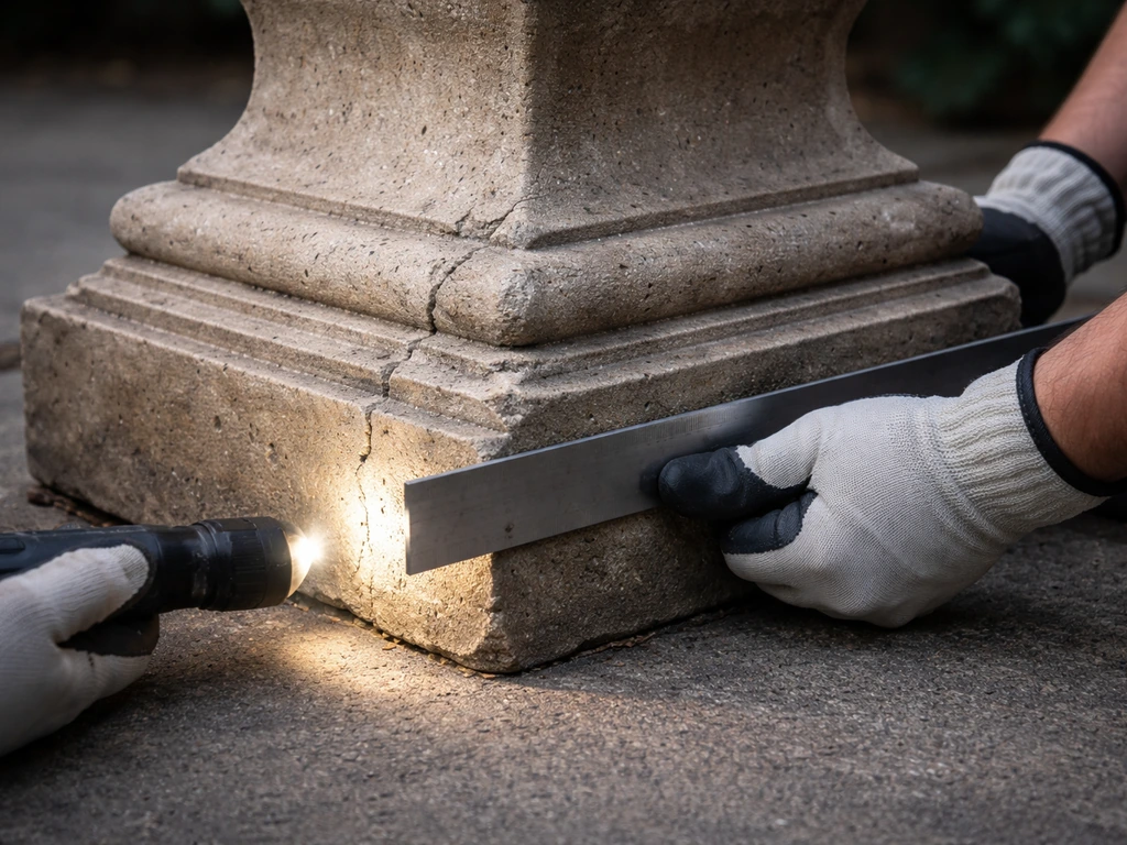Close-up of a concrete/cast stone pedestal with cracks as an inspector checks alignment with a straightedge and flashlig
