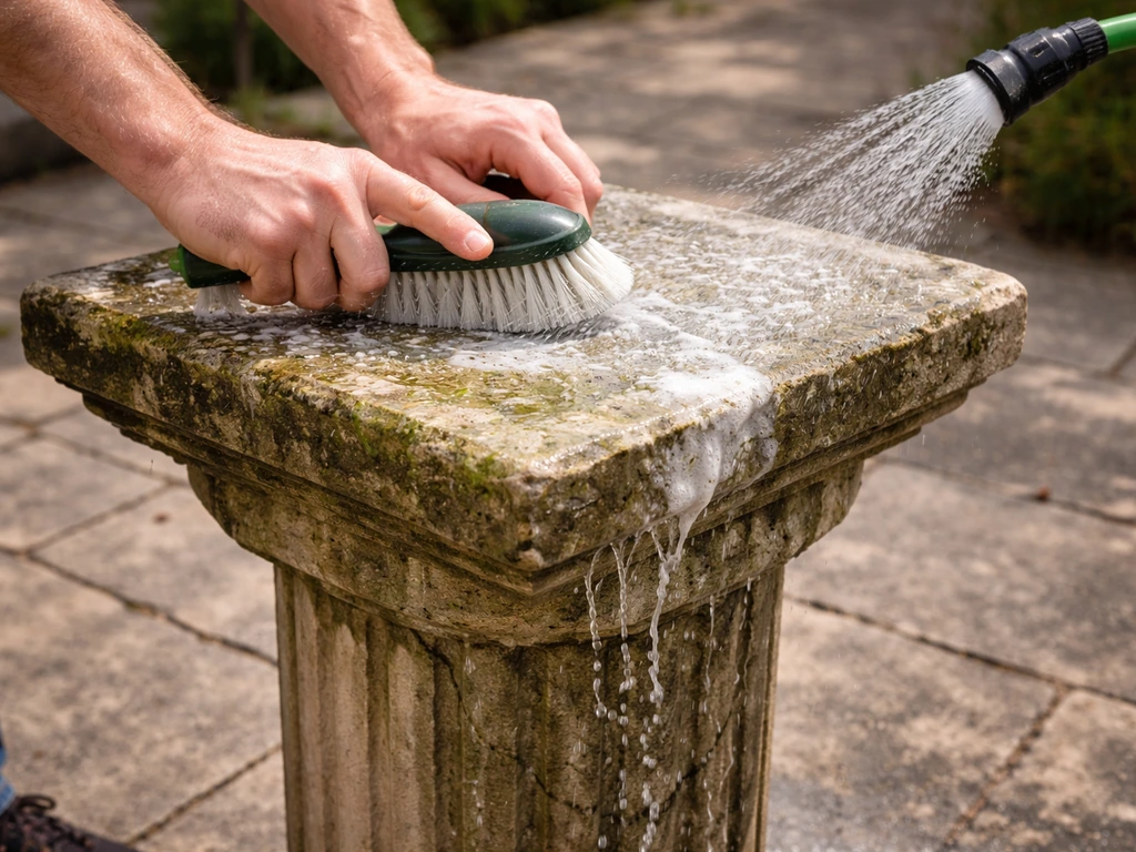 Hands scrubbing a stone pedestal outdoors with a hose spray, removing algae and mineral deposits.