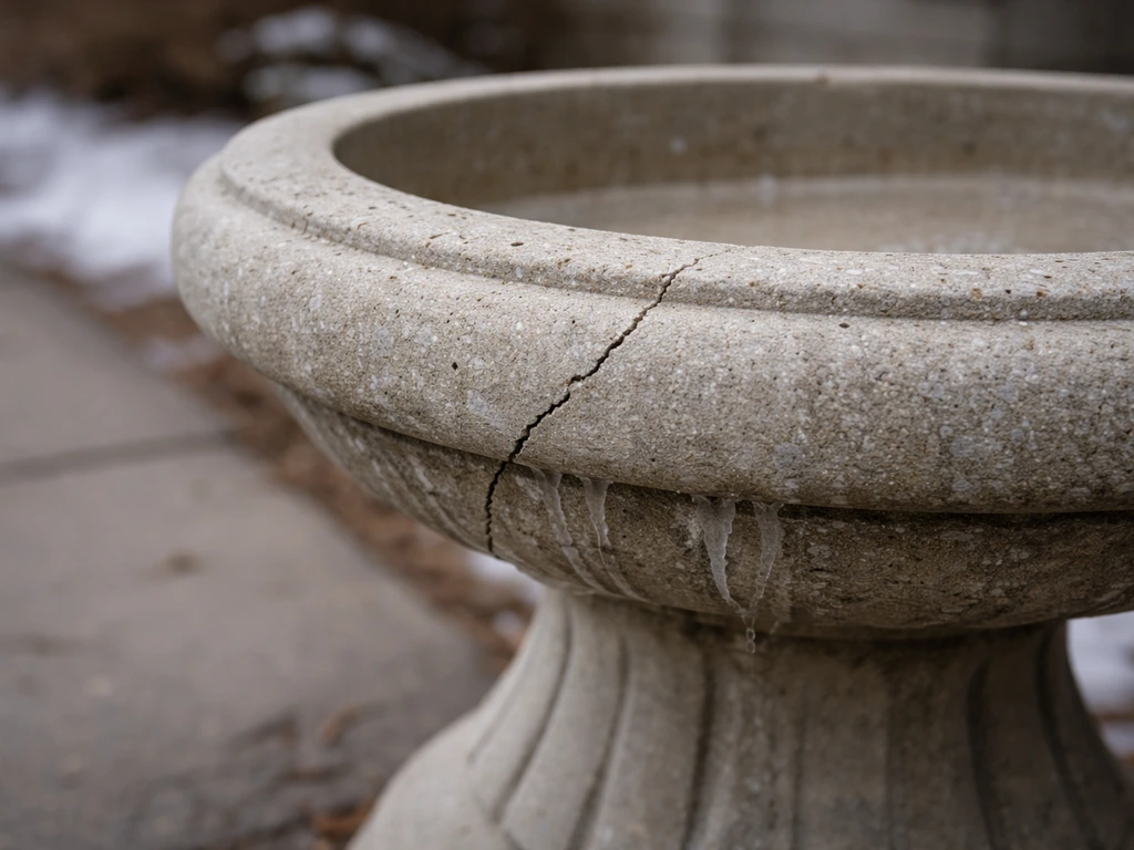 Close-up of a cracked stone/concrete basin pedestal with pitted surface after freeze-thaw winter damage.
