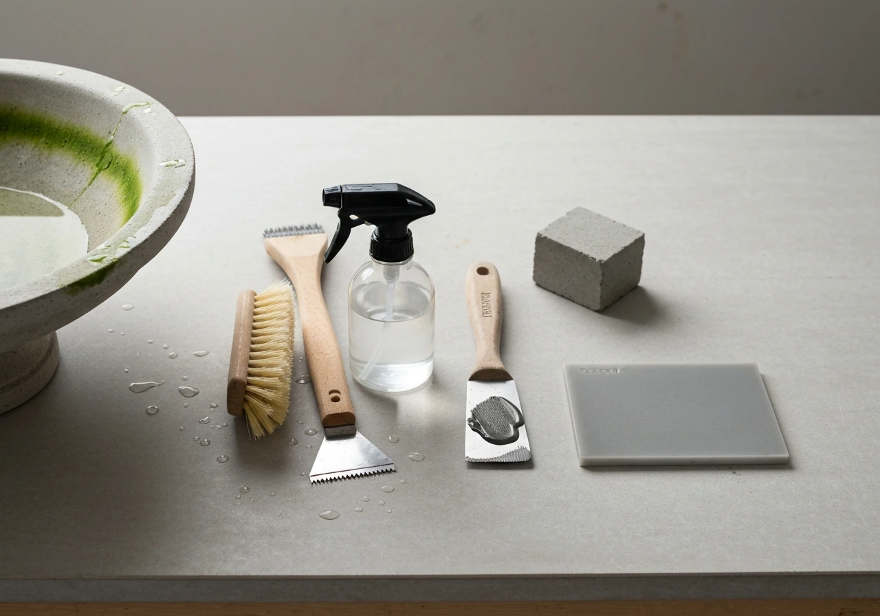Cleaning tools and concrete-resin DIY materials arranged for birdbath maintenance steps.