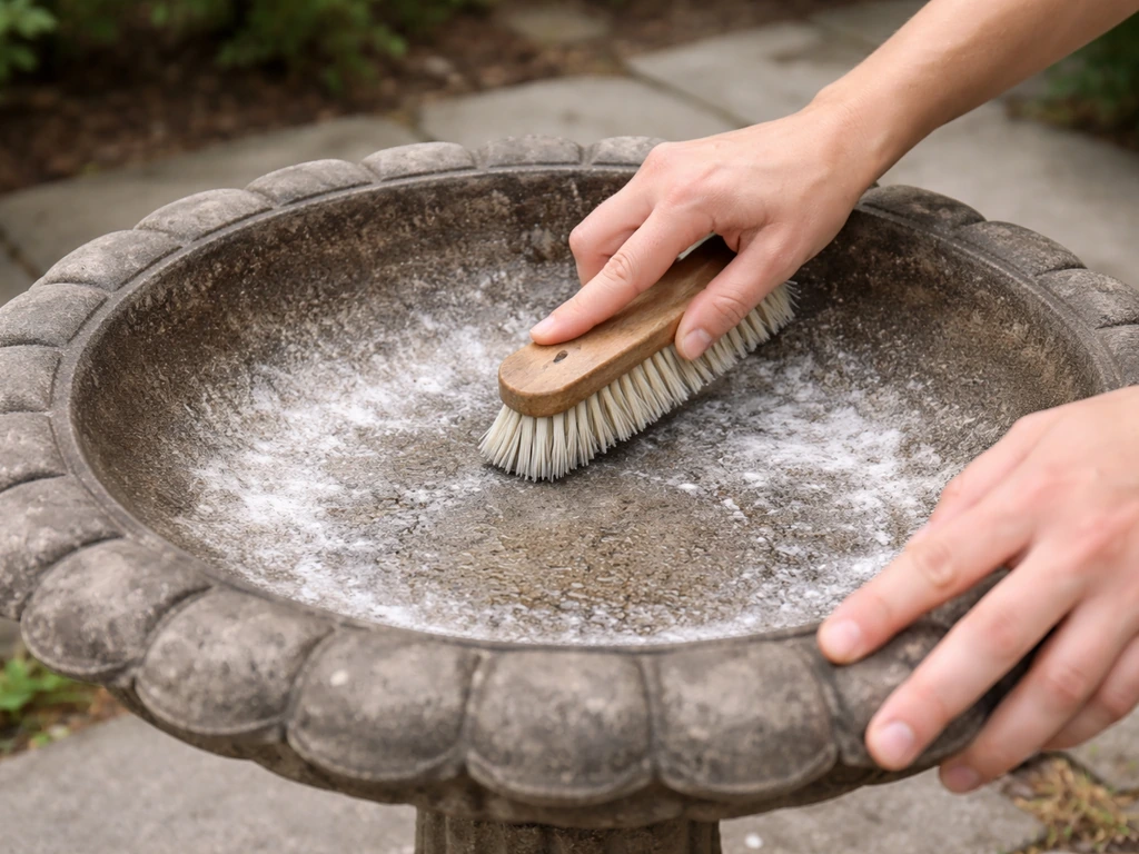 Hands scrubbing an empty bird bath to remove white mineral buildup with a stiff brush.
