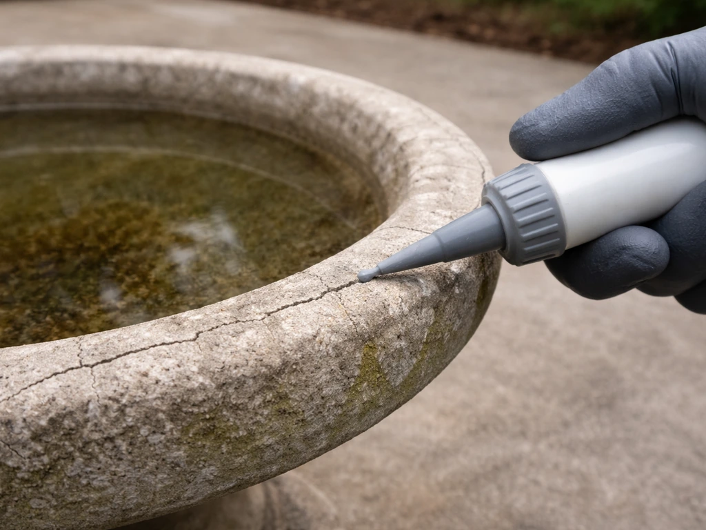 Gloved hand applying gray crack filler into hairline cracks on a concrete bird bath basin outdoors.
