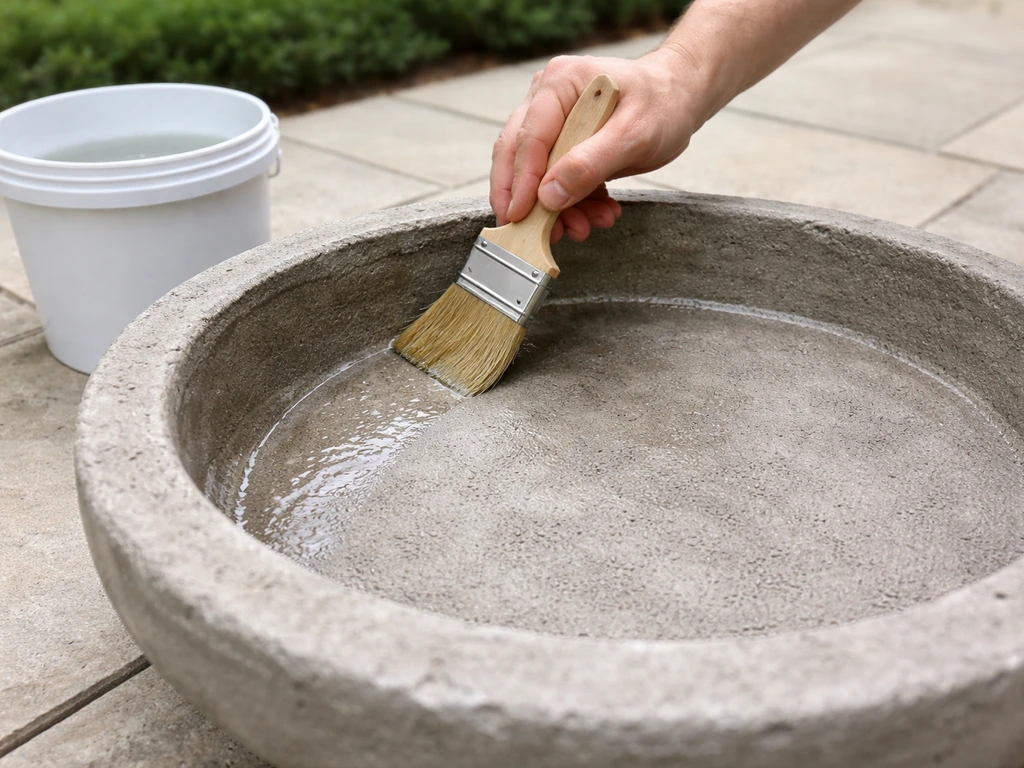 Hands brushing penetrating sealer onto a dry concrete bird bath basin outdoors, even coverage visible