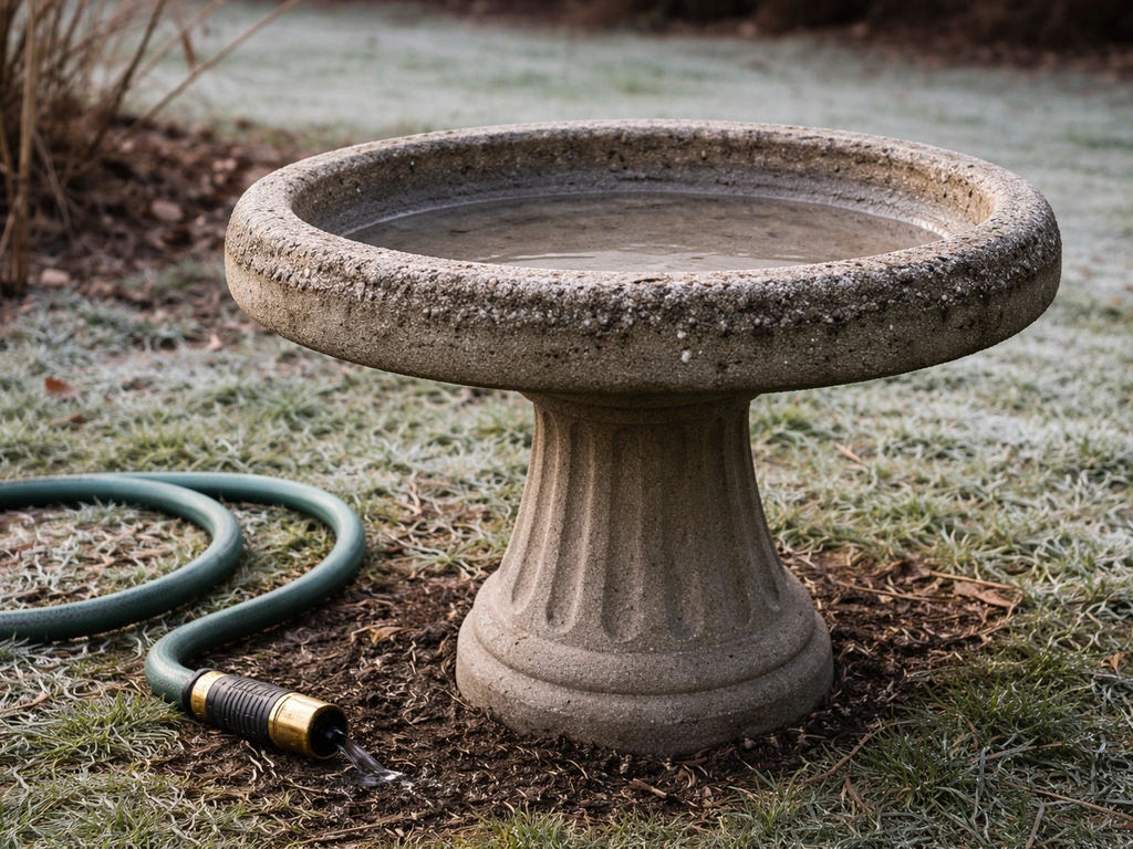 Concrete bird bath basin drained and hose water pulled away before winter freeze