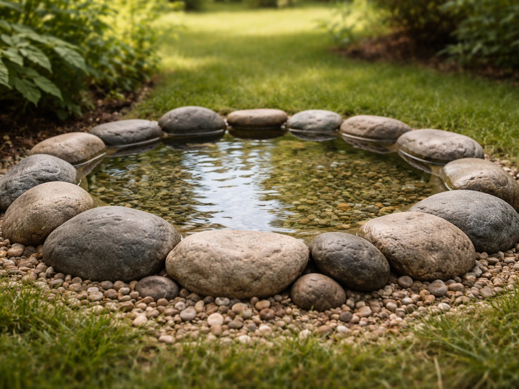 Backyard bird bath with shallow water and smooth river rocks creating a stable bathing surface for birds