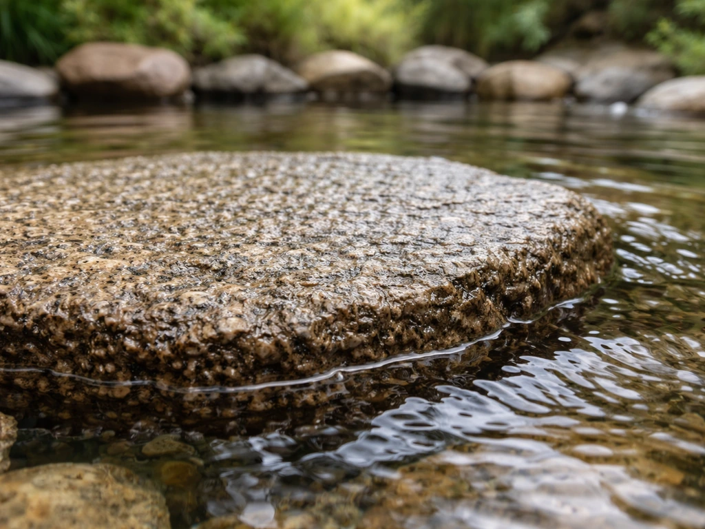 Close-up of a rough rock surface in shallow bird bath water, showing traction and grip texture.