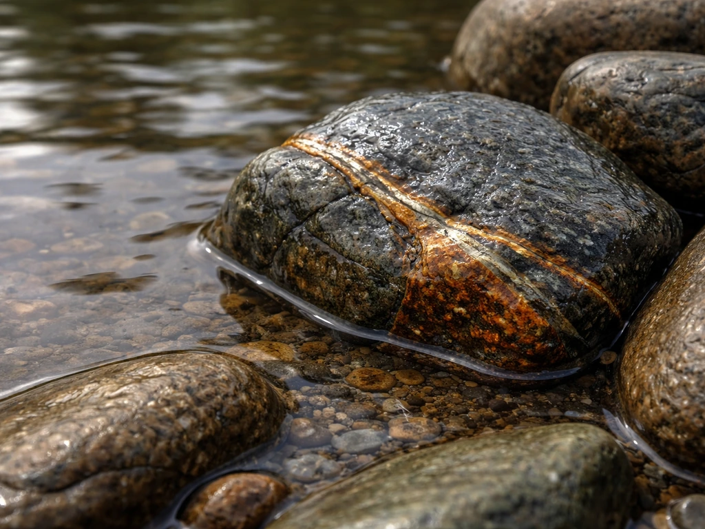 Close-up of rust-stained, veined rocks at a shallow standing water edge