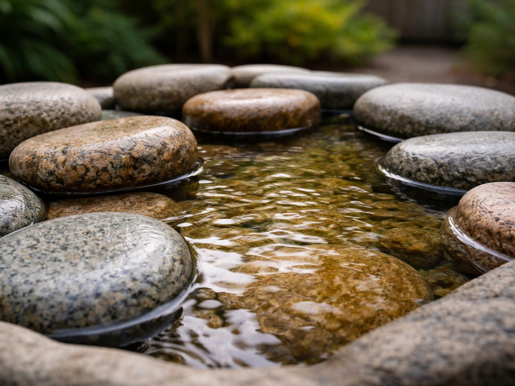 Granite river rocks stacked in a bird bath, with shallow water and smooth perching surfaces.