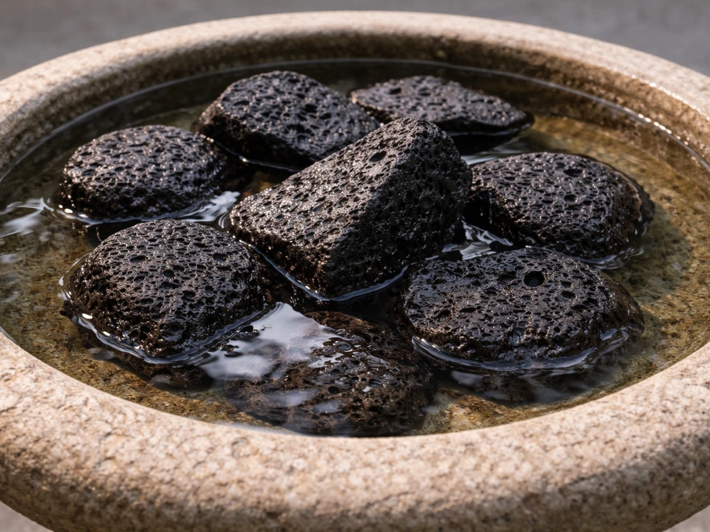 Bird bath with dark porous lava rocks, wet pitted texture showing high-traction grip.