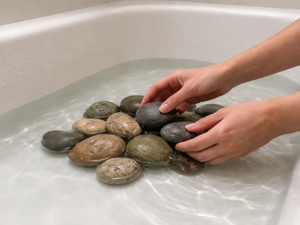 Hands placing river rocks in an empty bathtub, arranged stably with shallow water covering them.
