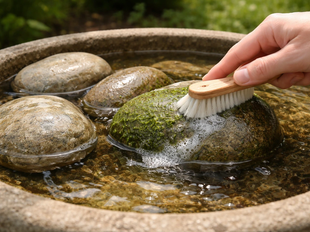 Close-up of a hand scrubbing algae off rocks in a bird bath, with freshly rinsed stones nearby.