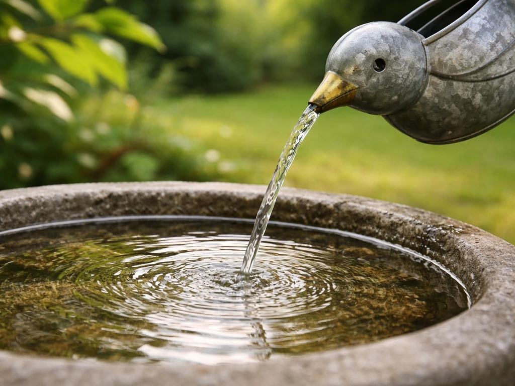 A narrow-spout bird watering can pouring clean, shallow water into a backyard bird bath.