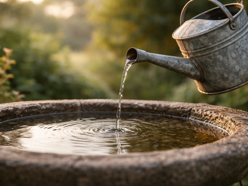 Small bird watering can with narrow spout gently filling a shallow bird bath, close-up.