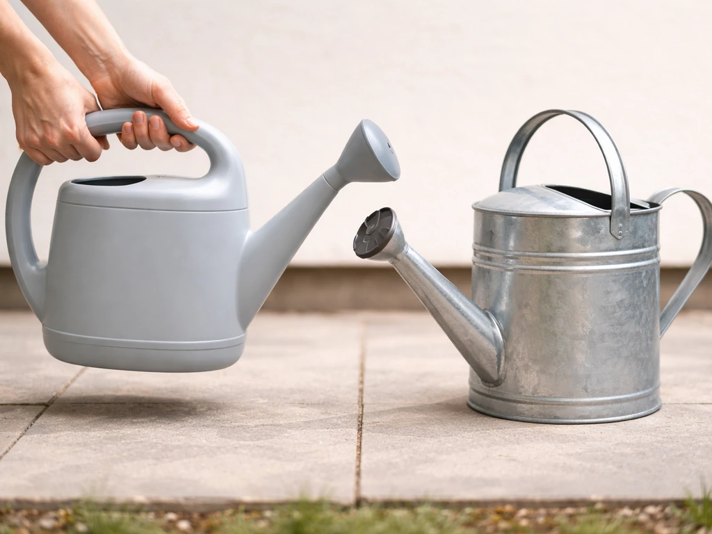 Two watering cans—light plastic and heavier galvanized metal—side by side with hands for weight cue.
