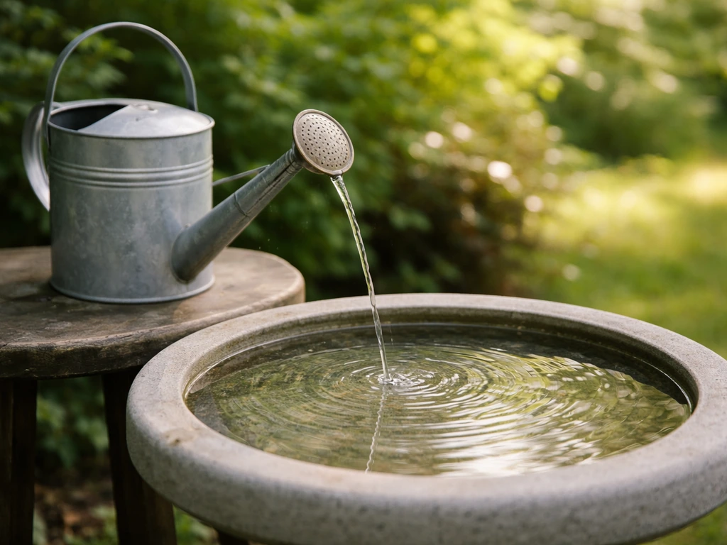Shaded bird bath being gently topped off with a watering can, showing shallow water depth.