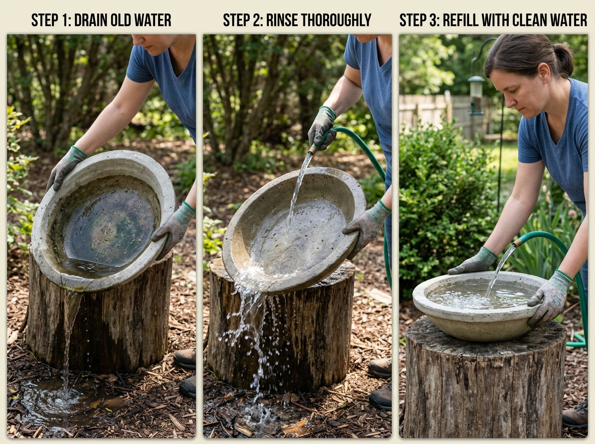 Bubble level on tree stump top with shims for leveling a bird bath