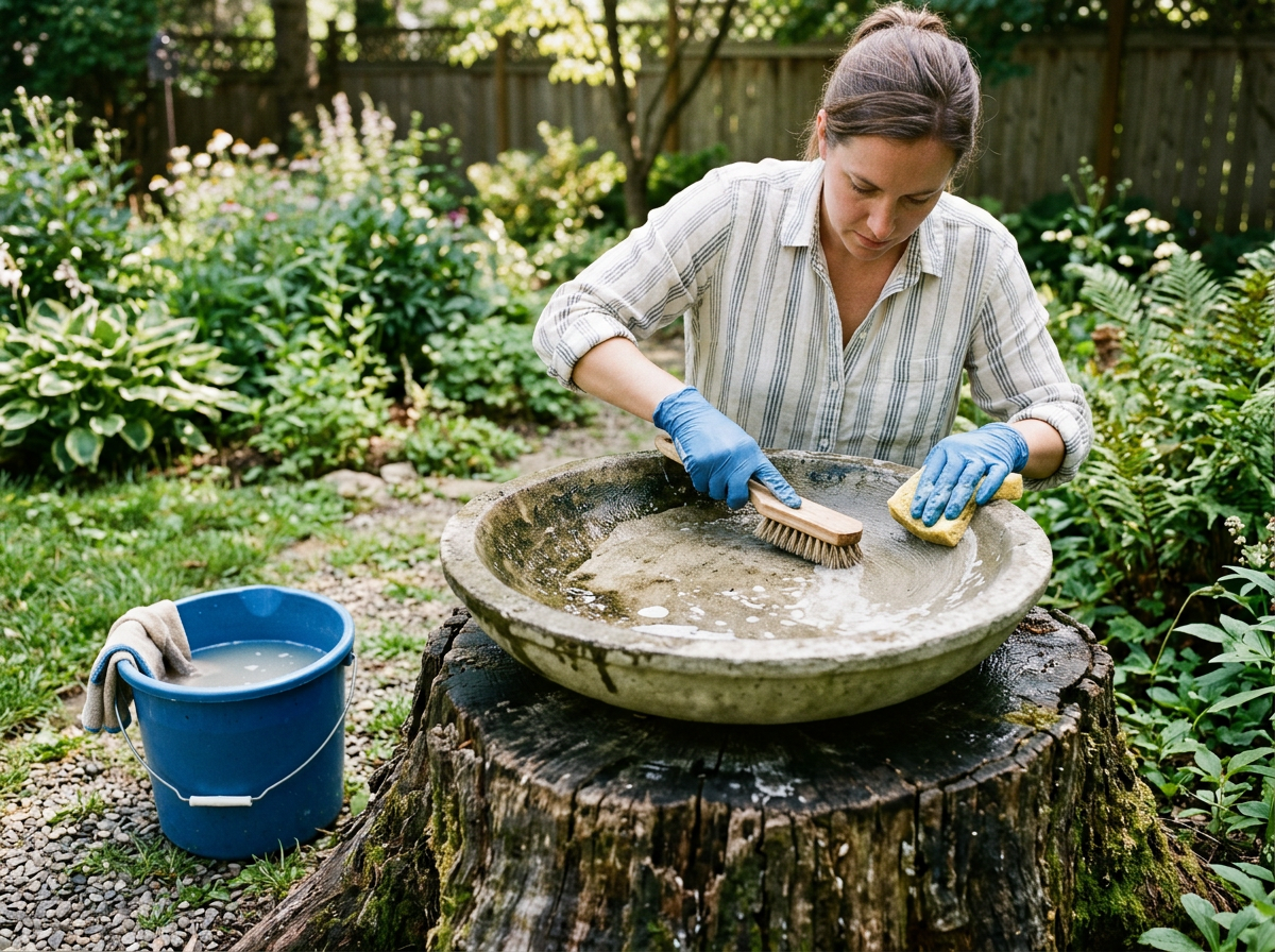Draining and refilling a bird bath on a tree stump to prevent standing water