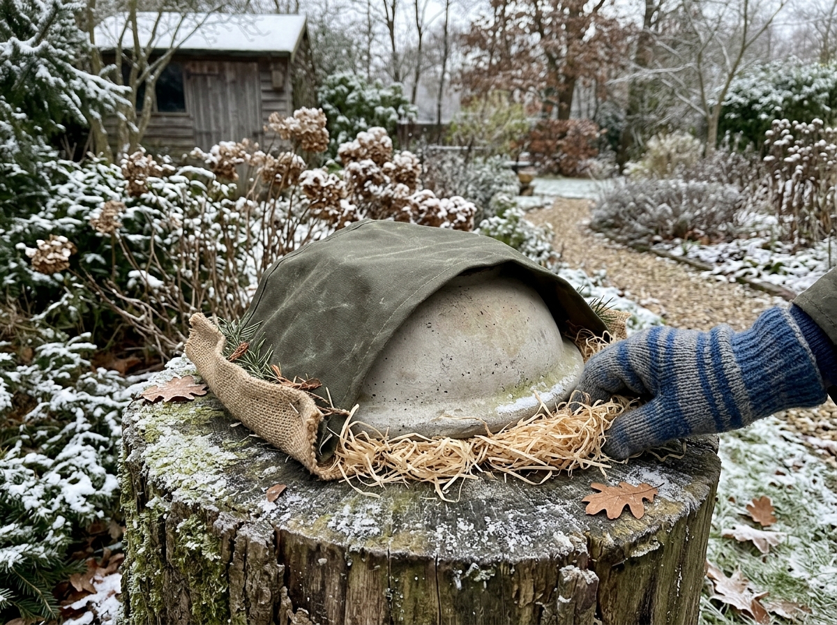 Scrubbing and rinsing a bird bath on a tree stump for cleanliness