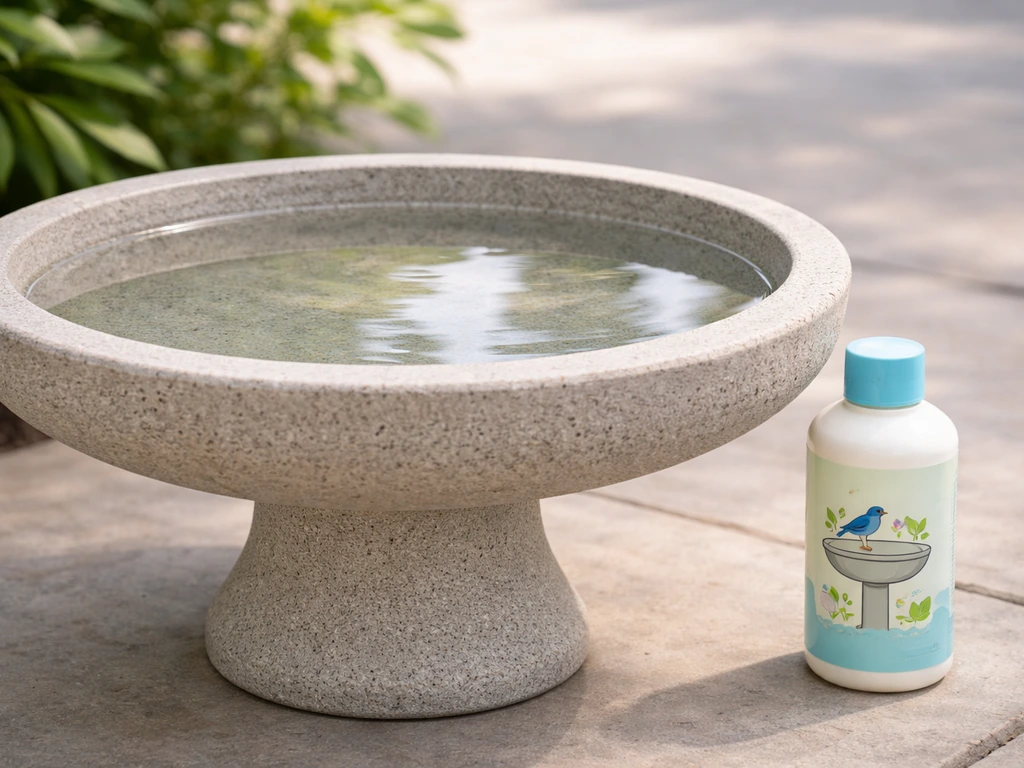 Outdoor bird bath with a generic enzyme cleaner bottle placed beside it in natural light.