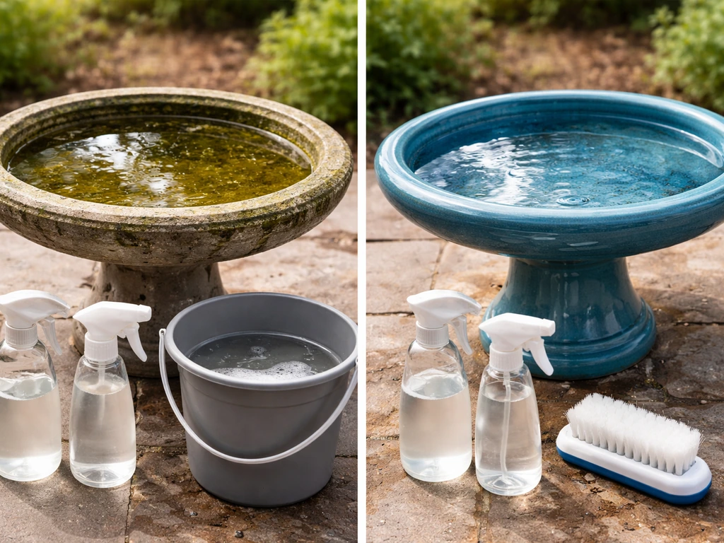 Backyard bird baths side-by-side with cleaning tools, algae on concrete/stone and ceramic bath clearer.