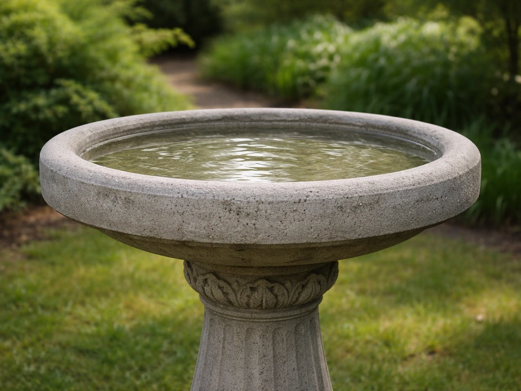 Close-up of a concrete bird bath basin sitting on a pedestal with a small amount of water.