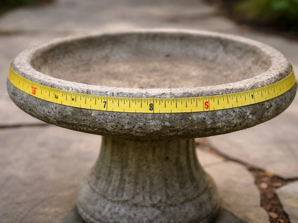 Close-up of a concrete bird bath base with a tape measure checking the rim diameter.