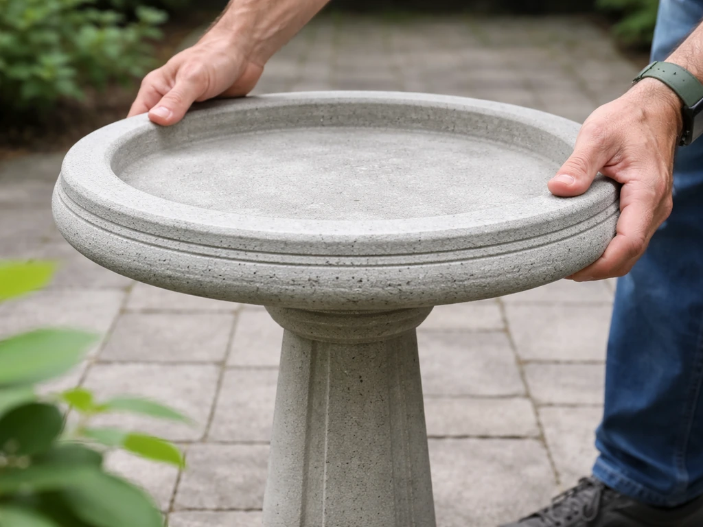 Concrete bird bath top dry-fitted on a pedestal, centered and leveled in an outdoor setting.