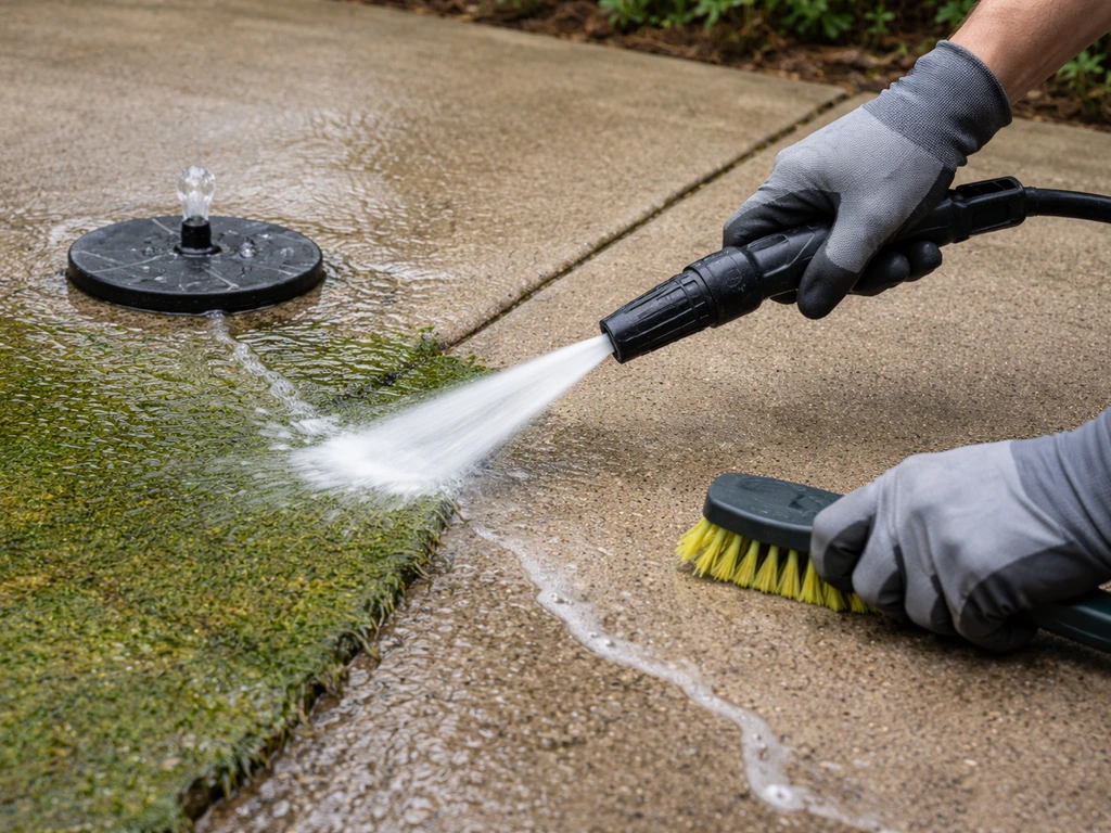 Worker rinsing green algae film from a concrete surface with a pressure washer and soft brush