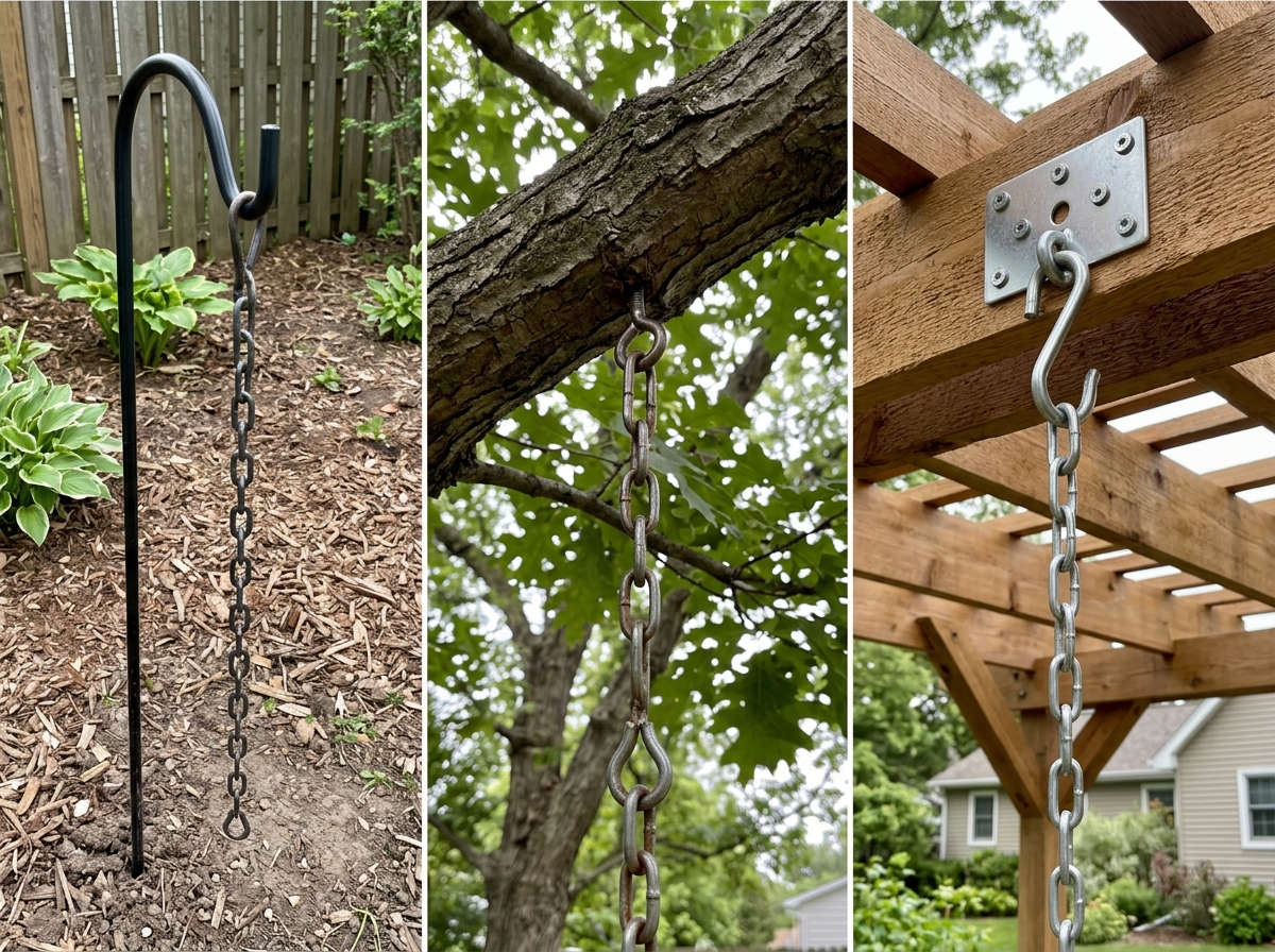 Three hanging setup options shown: shepherd hook, tree branch, and sturdy overhead beam