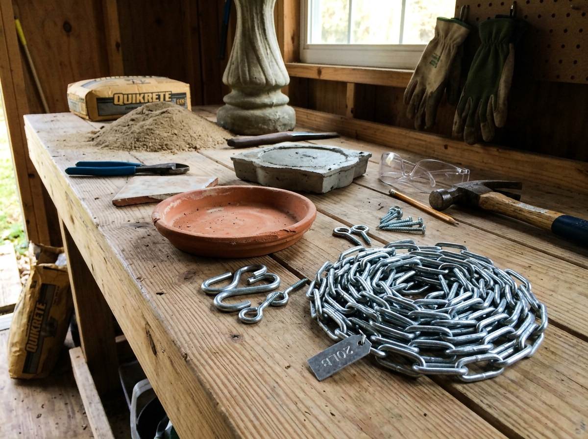 Deep-cleaning a bird bath basin with vinegar solution and a scrub brush