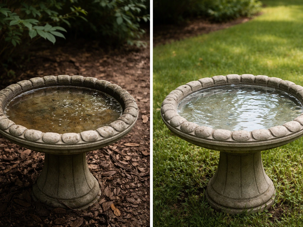Left bird bath shows muddy dirty water and low visibility; right bath has clean shallow water in open light.