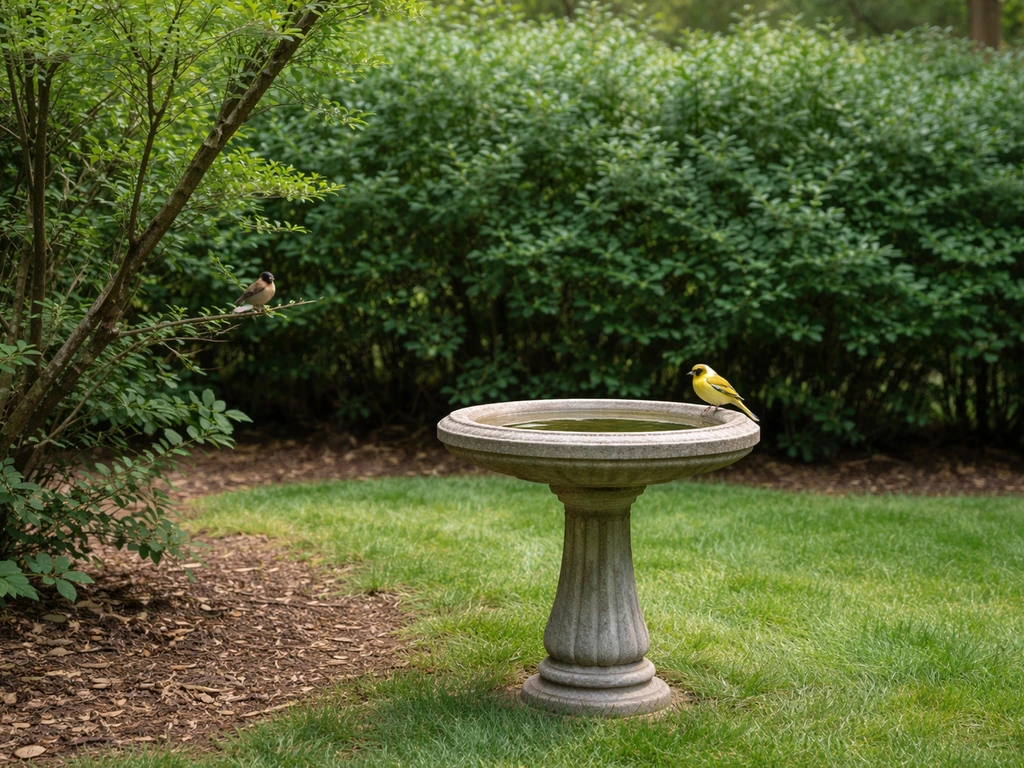 Pedestal birdbath near shrubs with birds perched, showing nearby cover for safe landing and escape.