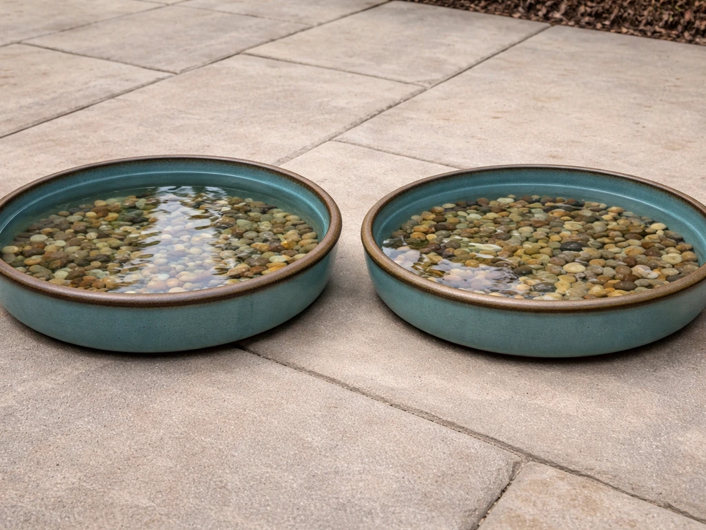 Two bird-bath trays: one too deep in the center and one shallow with safe water depth