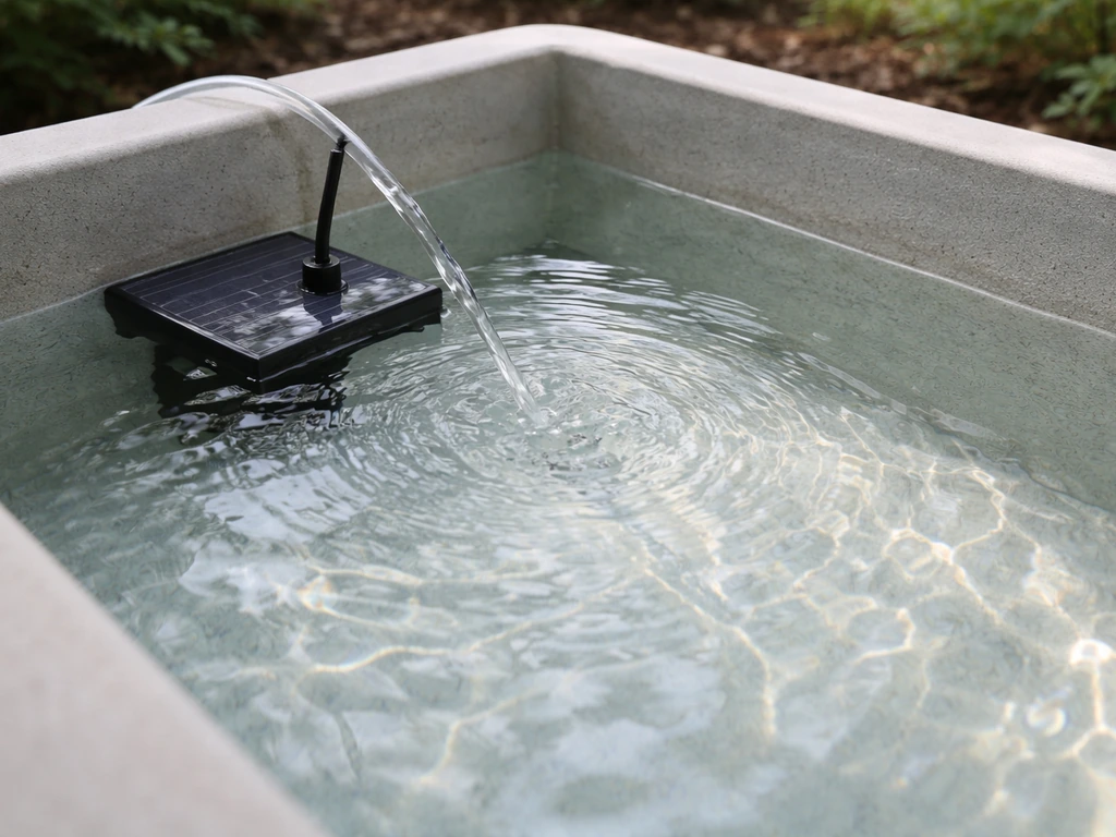 Small solar-powered fountain pump in a bath creating gentle ripples and surface movement
